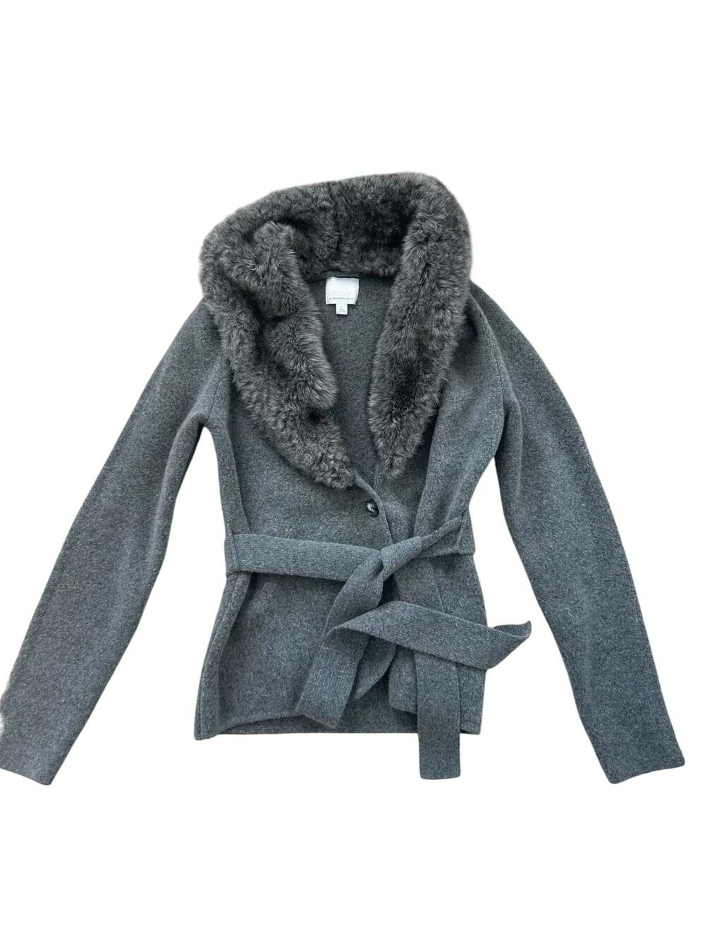 Ett:twa by Anthropologie Gray Wool Blend Belted Cardigan with Faux Fur Collar